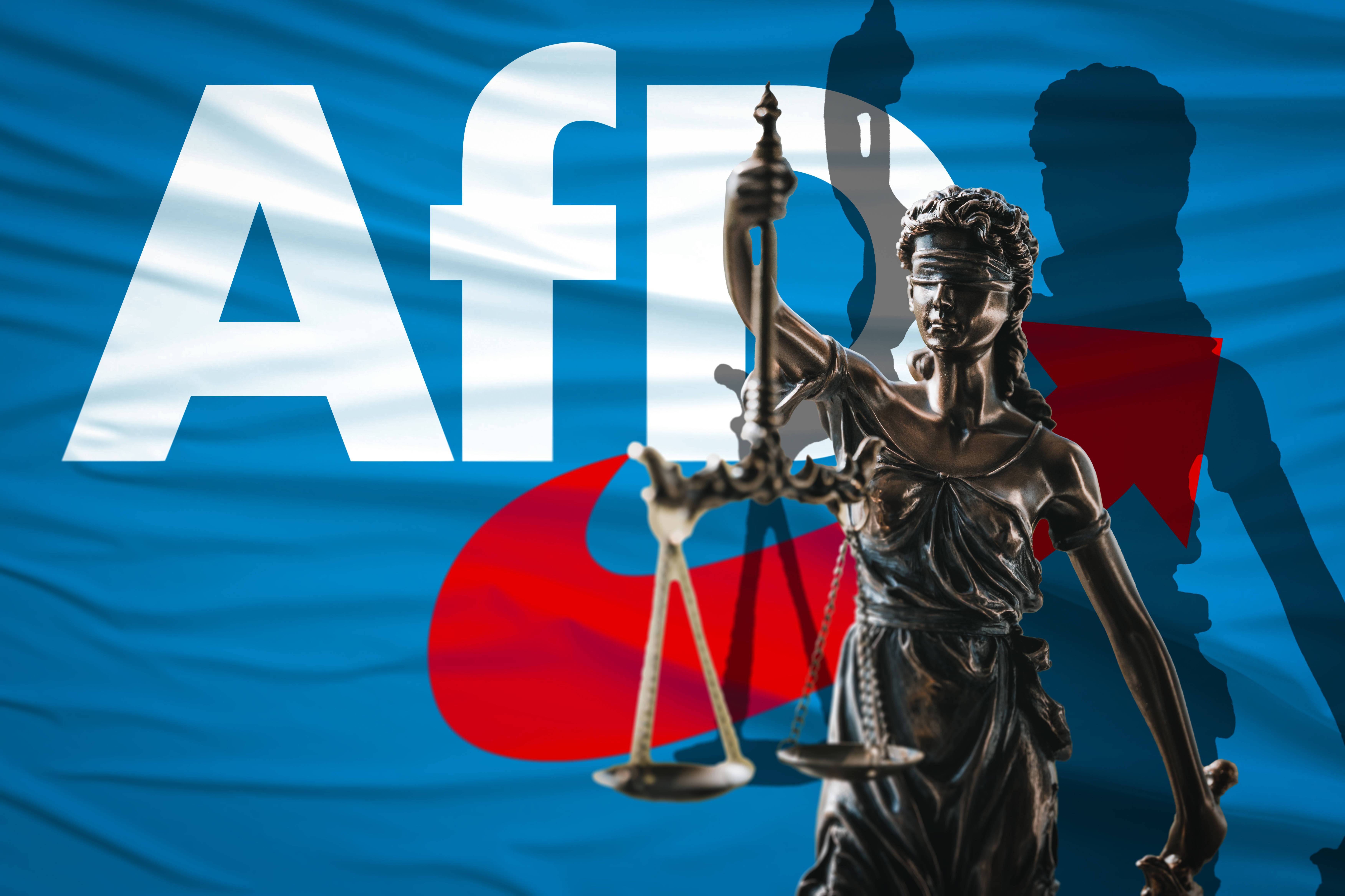 Bildmontage: Statue von Justitia aus Metall vor dem Logo der AfD