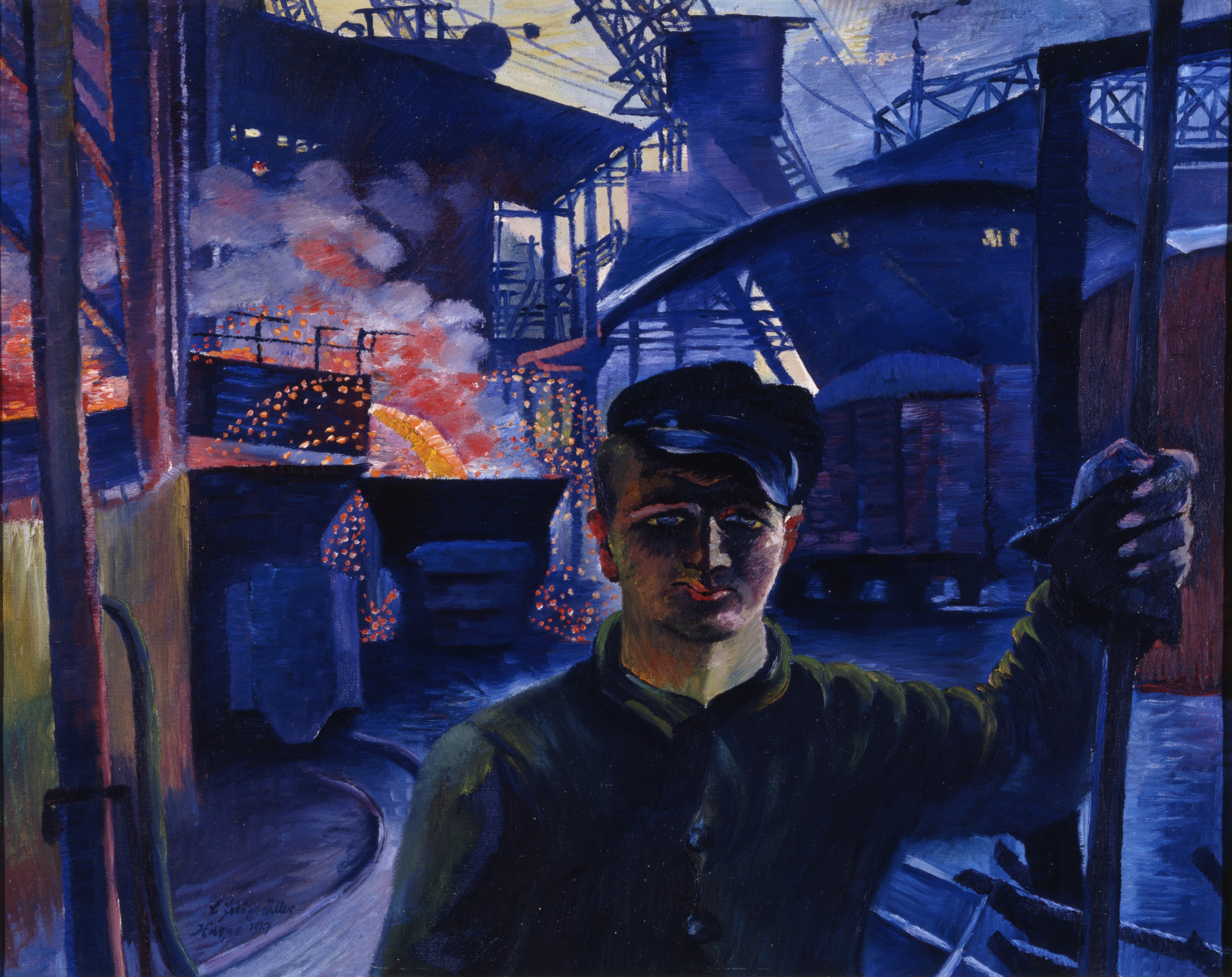 Ein Arbeiter vor dem Hochofen