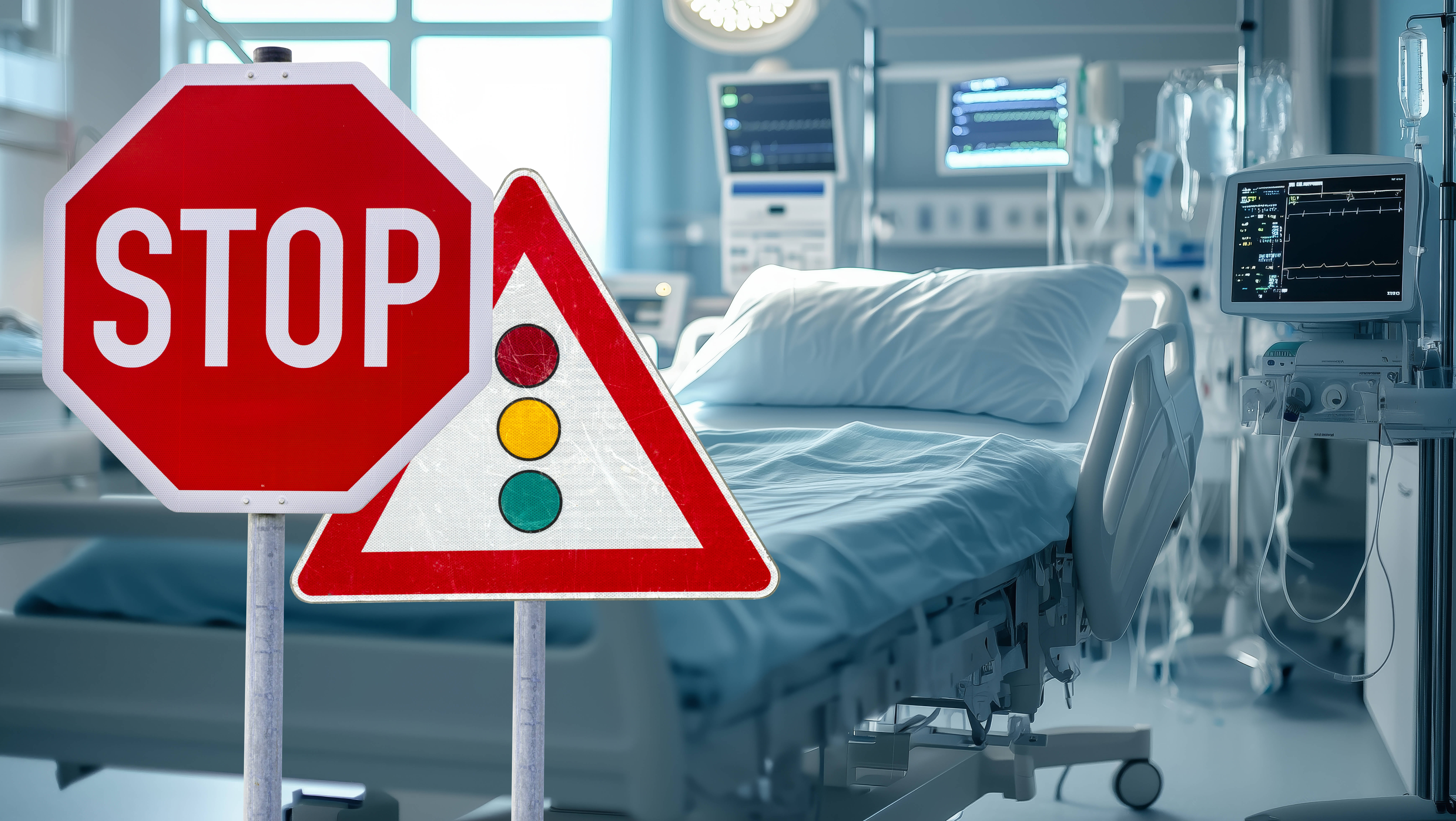 Stop-Signal aus Karlsruhe: Das Bundesverfassungsgericht hat die Regelungen gekippt, wer in einem Notfall bei begrenzten medinischen Kapazitäten zuerst behandelt wird. (Fotomontage als Symbolbild)