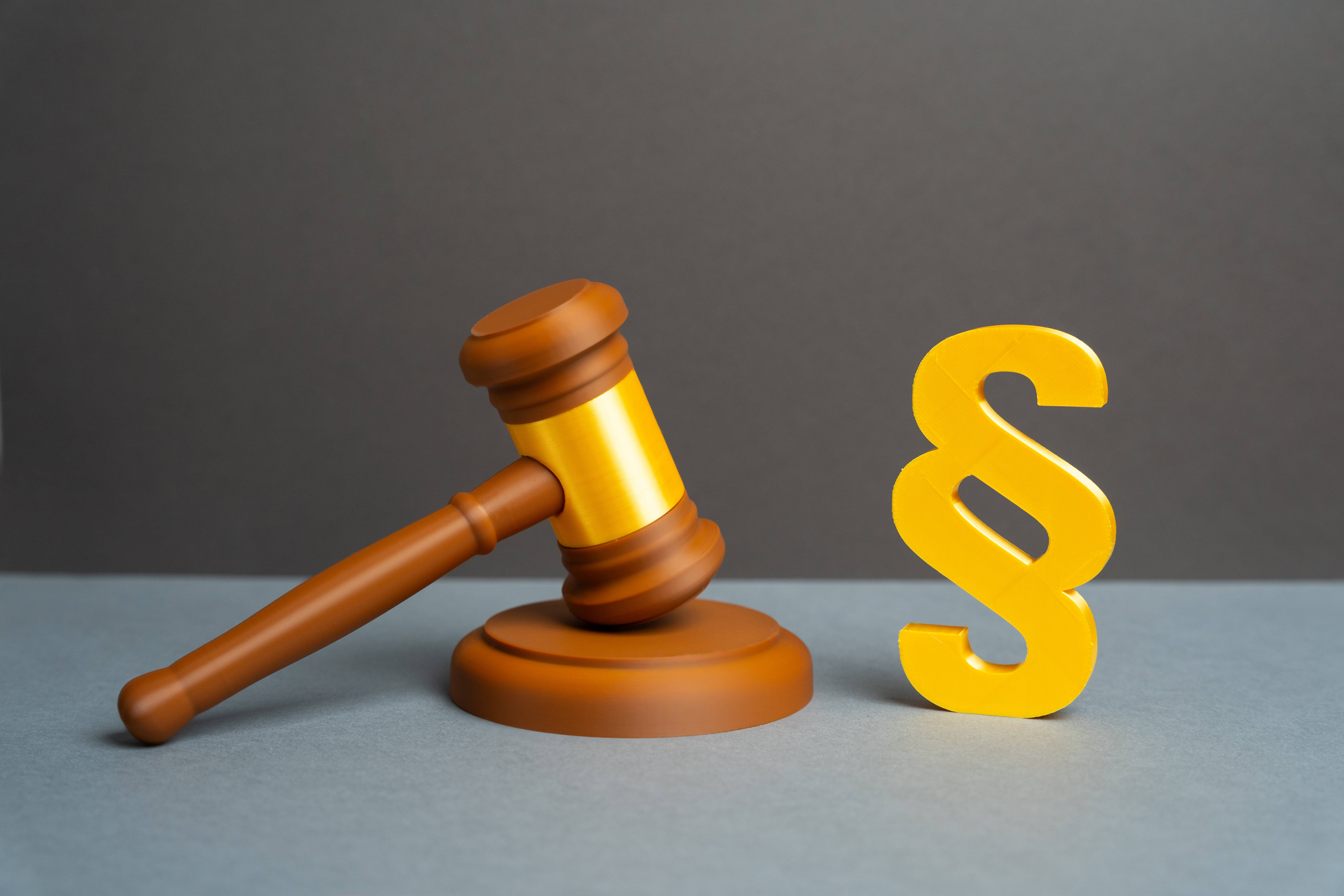 Ein Hammer und ein Paragrafenzeichen vor grauem Hintergrund.