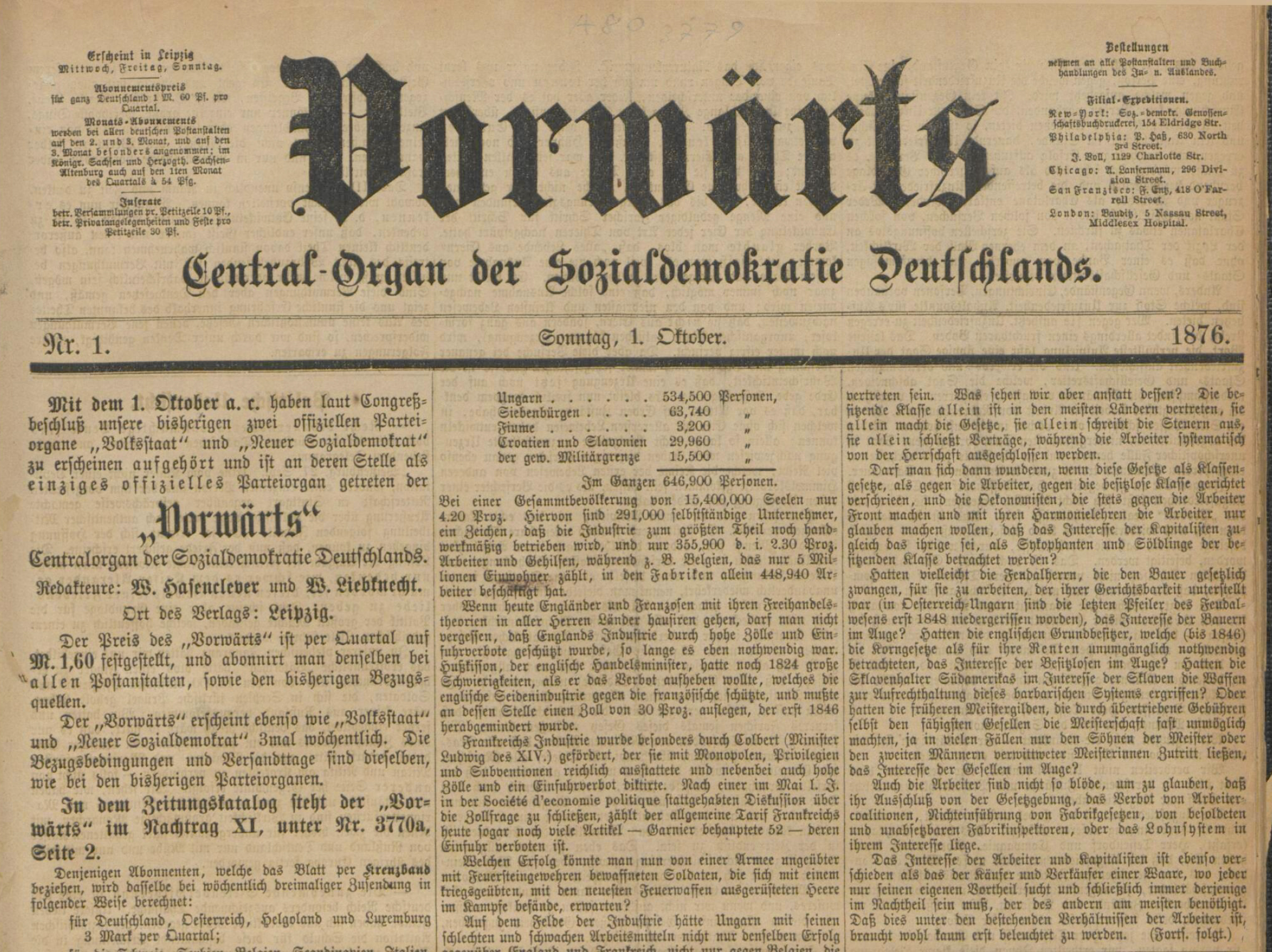 Die Premiere: Am 1. Oktober 1876 erschien die erste Ausgabe des „Vorwärts“ in Leipzig.