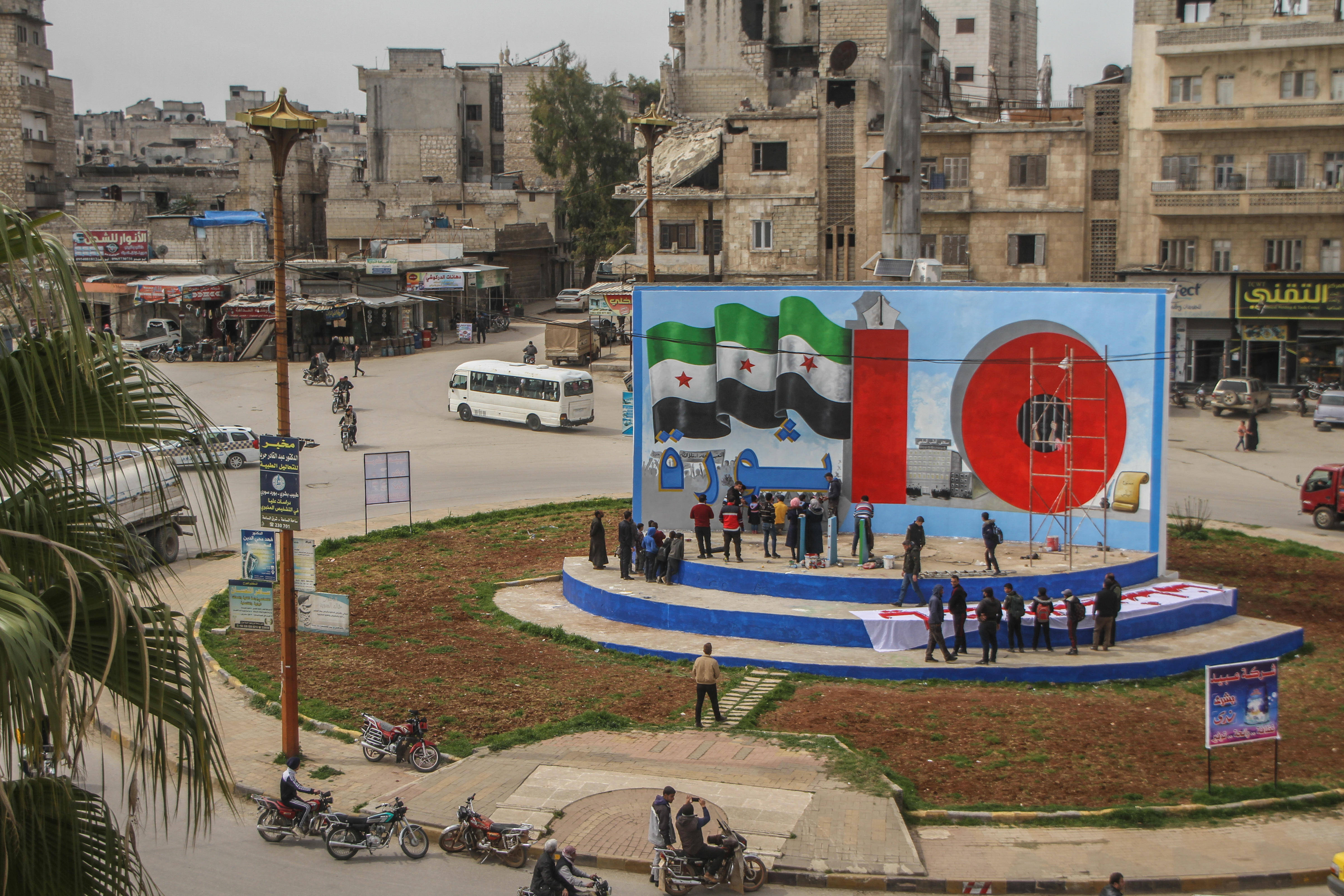 Grafito in Idlib zur Erinnerung an den 15. März 2011: Vor zehn Jahren begannen die Proteste gegen Syriens Machthaber Bashar al Assad.