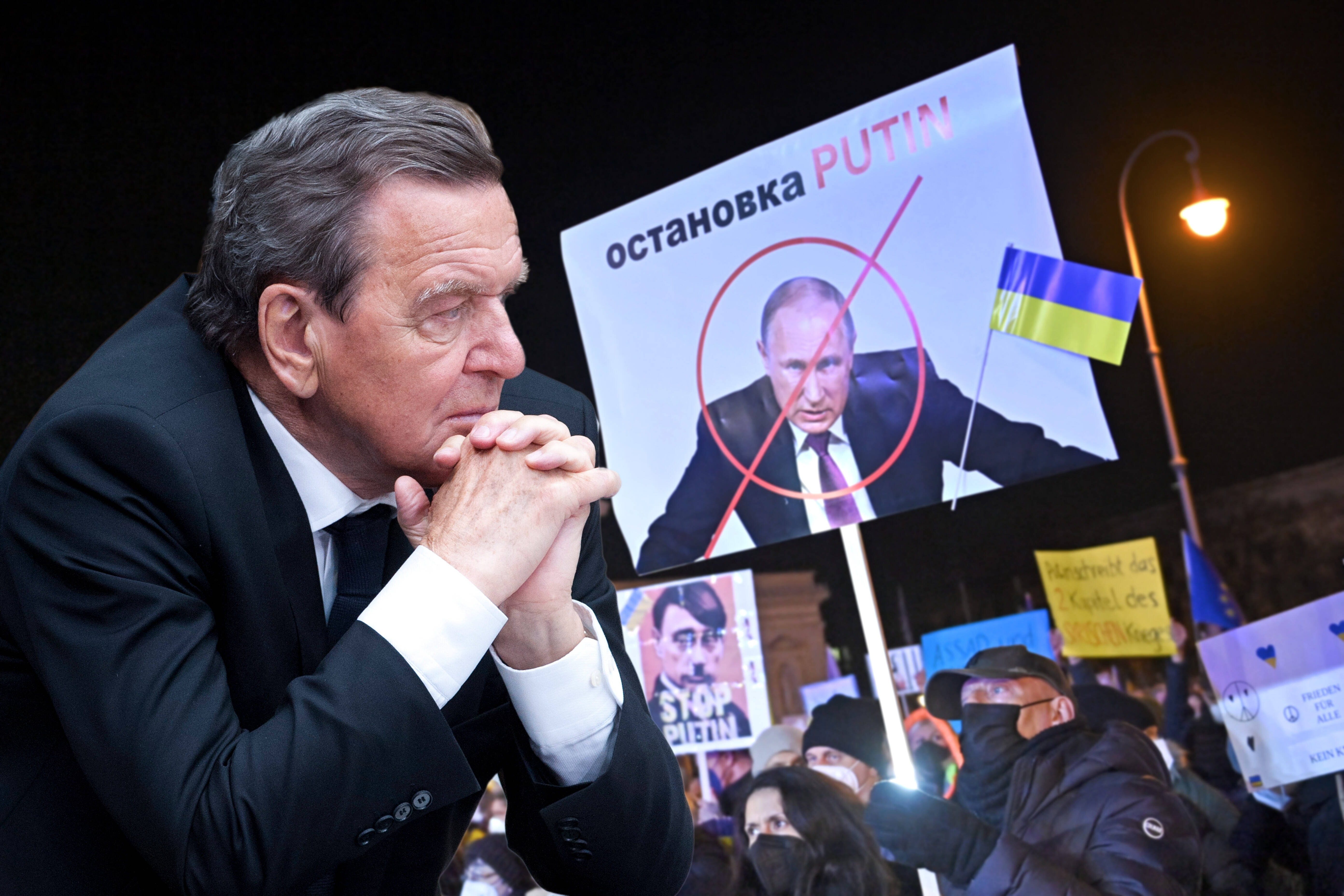 Gerhard Schröder und Putins Krieg gegen die Ukraine: Die Fotomontage zeigt auf der einen Seite den auf seiner Position beharrenden Ex-Kanzler, auf der anderen Demonstrierende gegen die Invasion am 02.03.2022 in München.