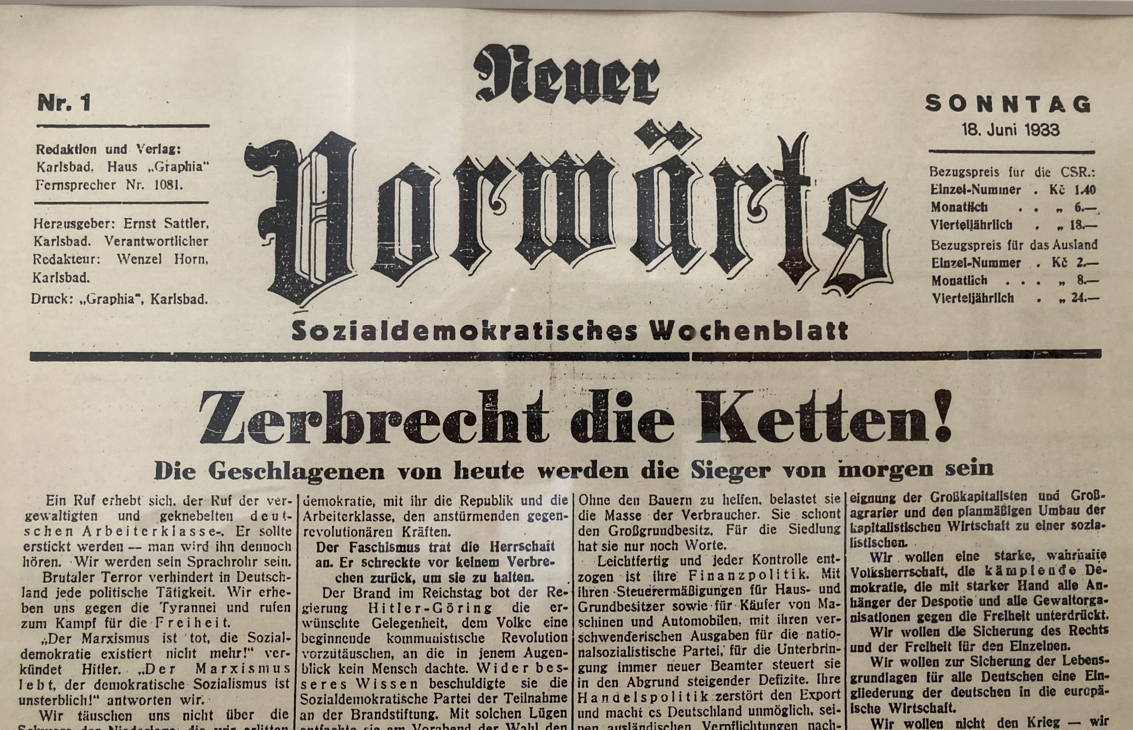 Die erste Ausgabe aus dem Exil: Am 18. Juni 1933 erschien der „Neue Vorwärts“ erstmals in Prag.