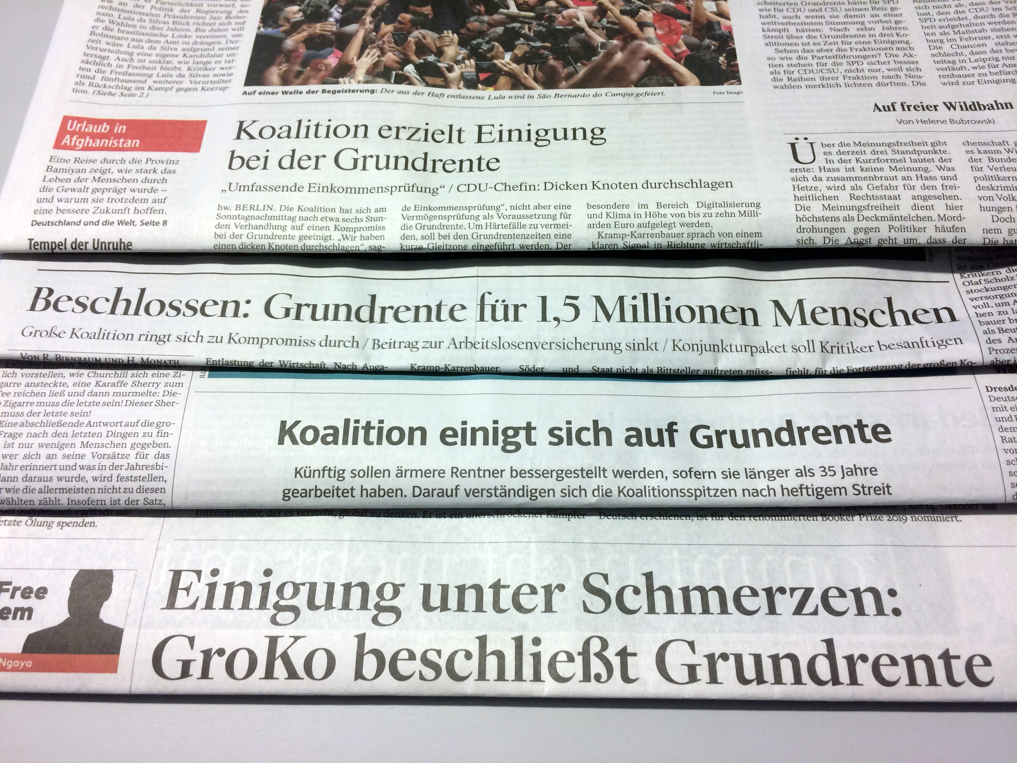  Rauschen im Blätterwald: So reagiert die Presse auf die Einigung der großen Koalition bei der Grundrente.