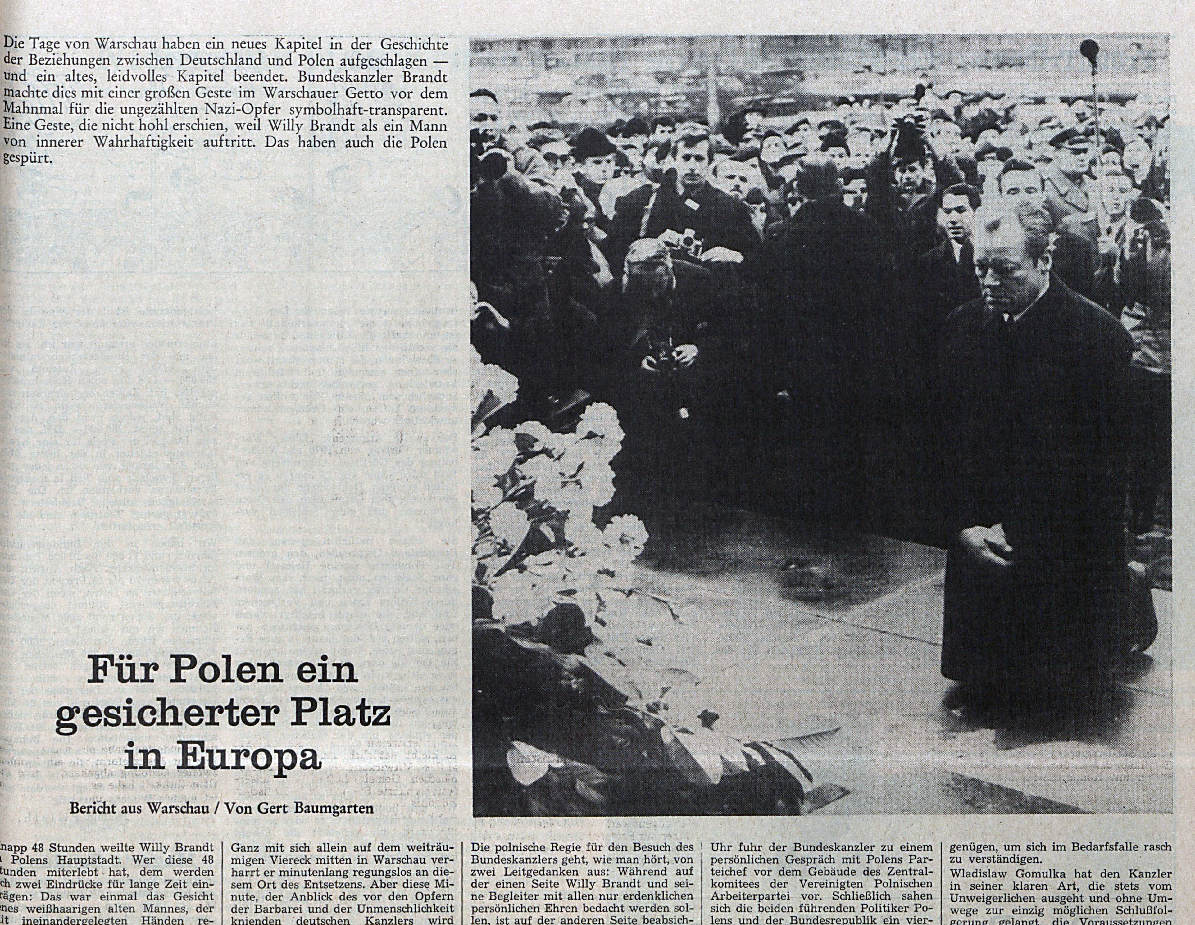 Ganz mit sich allein auf dem weiträumigen Viereck mitten in Warschau verharrt er minutenlang regungslos an diesem Ort des Entsetzens. So erlebte Vorwärts-Autor Gert Baumgarten Willy Brandts Kniefall in Warschau.
