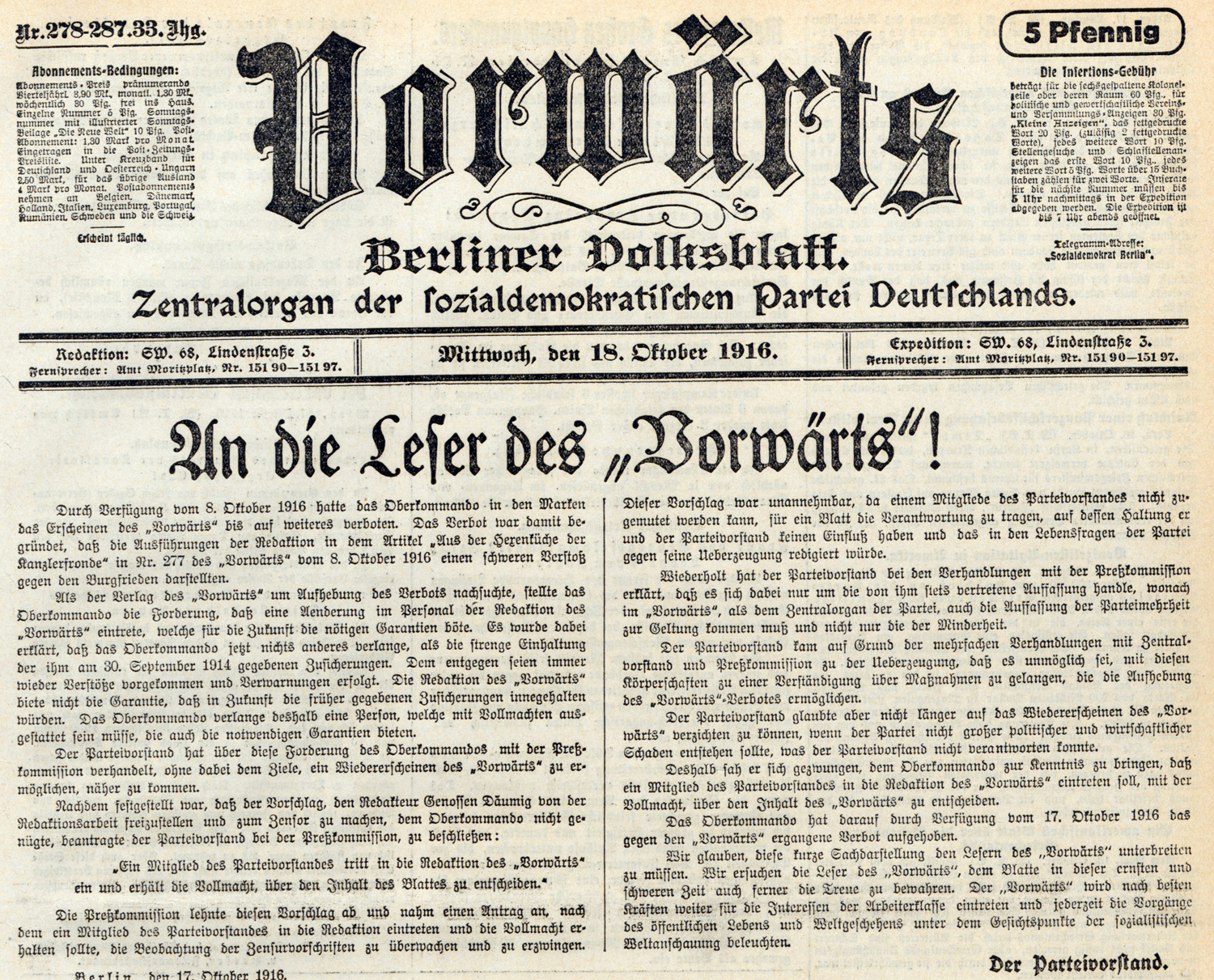 vorwärts-Titel vom 18. Oktober 1916
