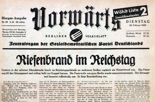 Schlagzeile des Vorwärts am 28. Februar 1933: Wenige Stunden später wird die Redaktion in Berlin von der Polizei besetzt.