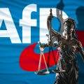 AfD-Verbot: Staute von Justizia vor dem AfD-Logo