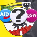 FOTOMONTAGE, Parteianstecker von AfD und BSW mit Fragezeichen auf der Fahne von Sachsen-Anhalt,