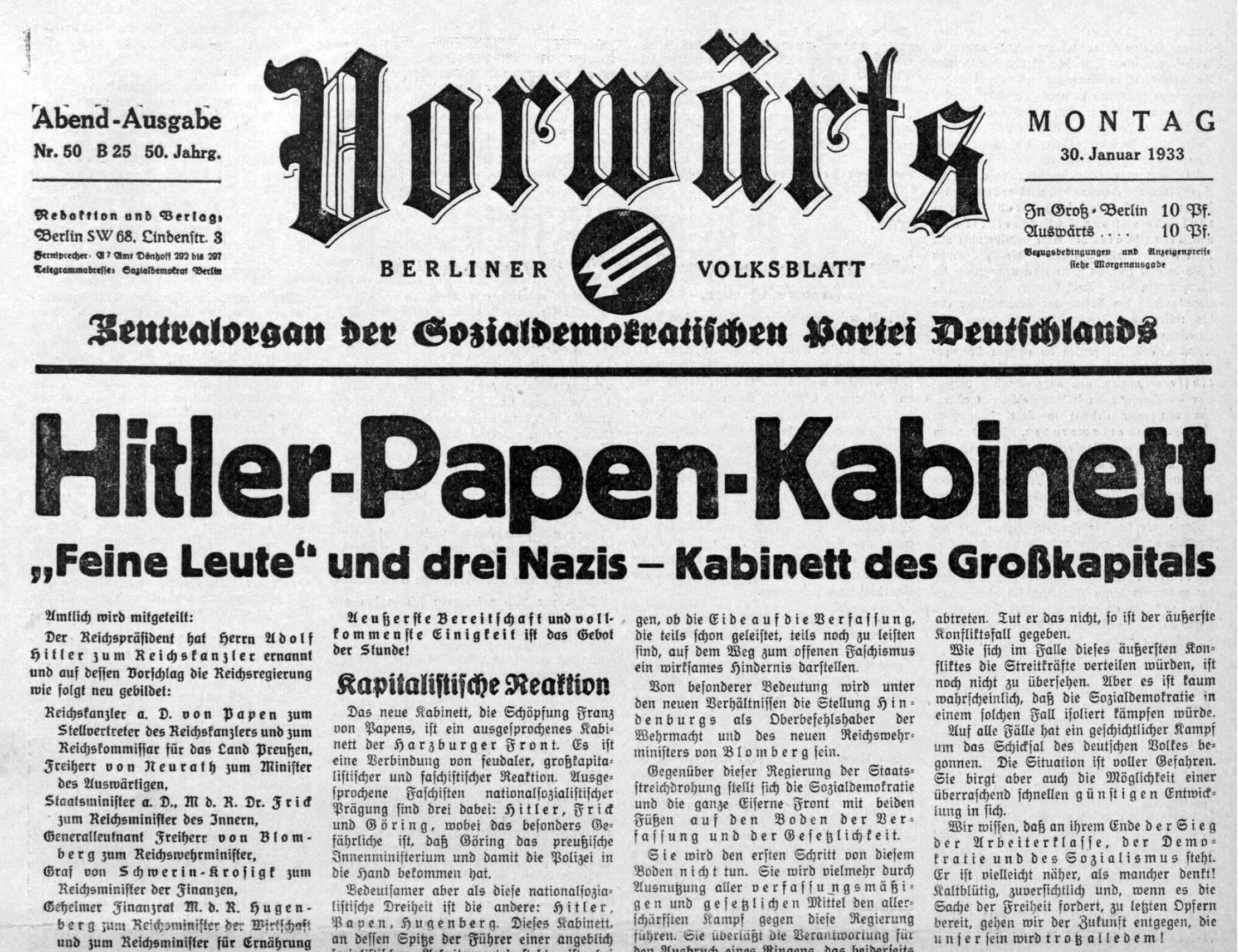 Vorwärts-Titelseite am 30. Januar 1933: Kabinett des Großkapitals