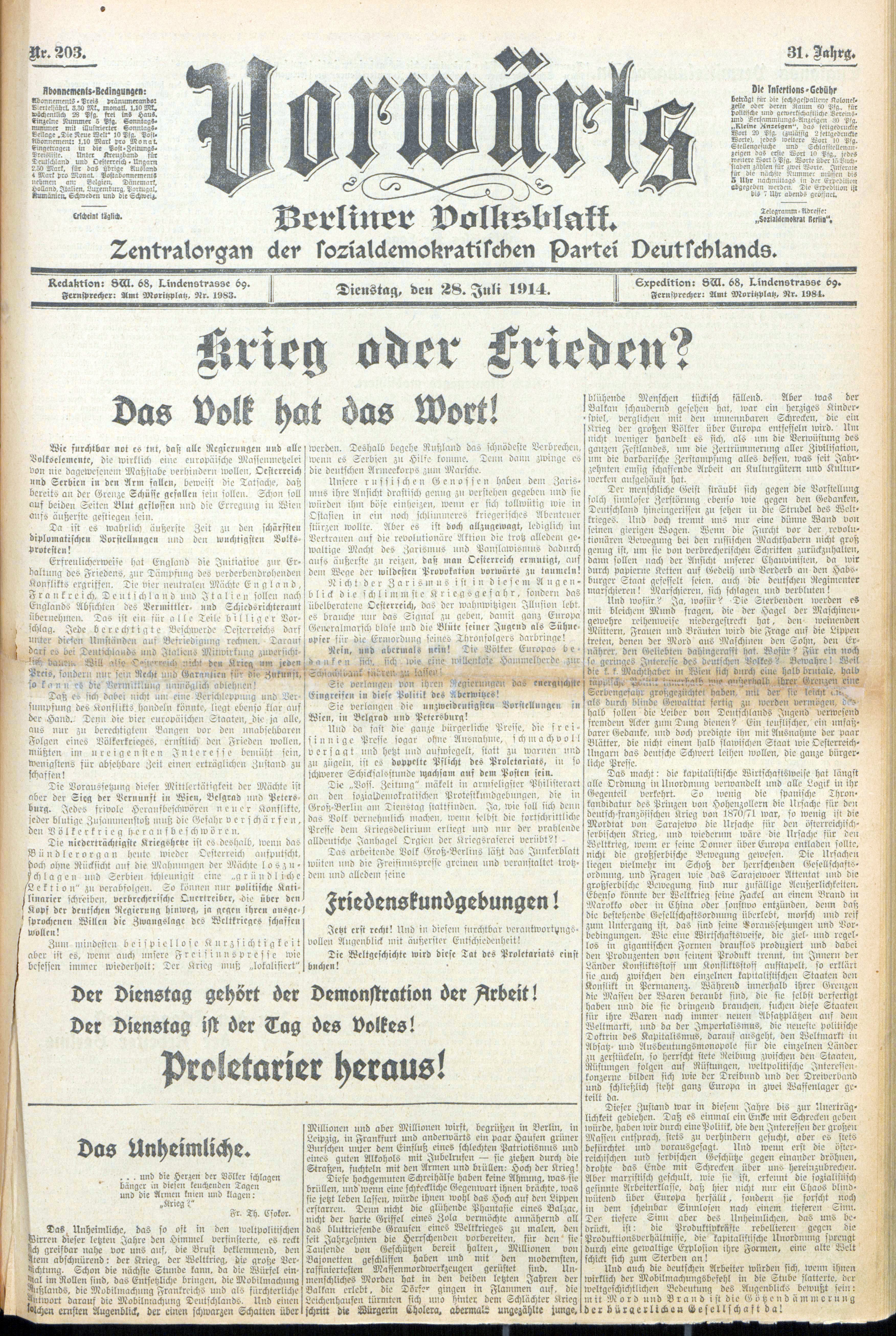 vorwärts-Titelseite vom 28. Juli 1914