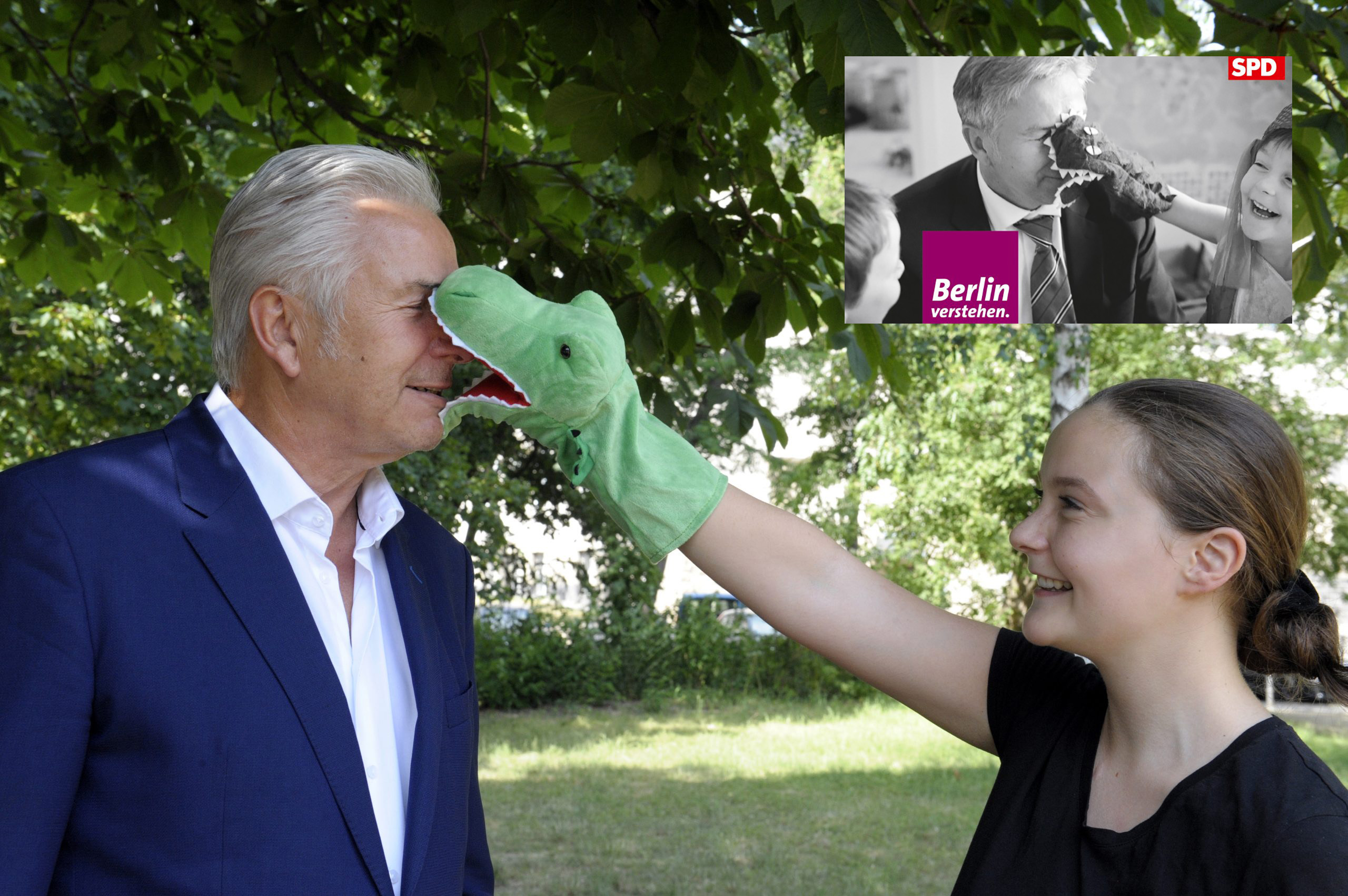 Klaus und Elisa heute und vor zehn Jahren: Die Jusos aus Lichtenberg haben das bekannte Wahlplakat von 2011 nachgestellt.